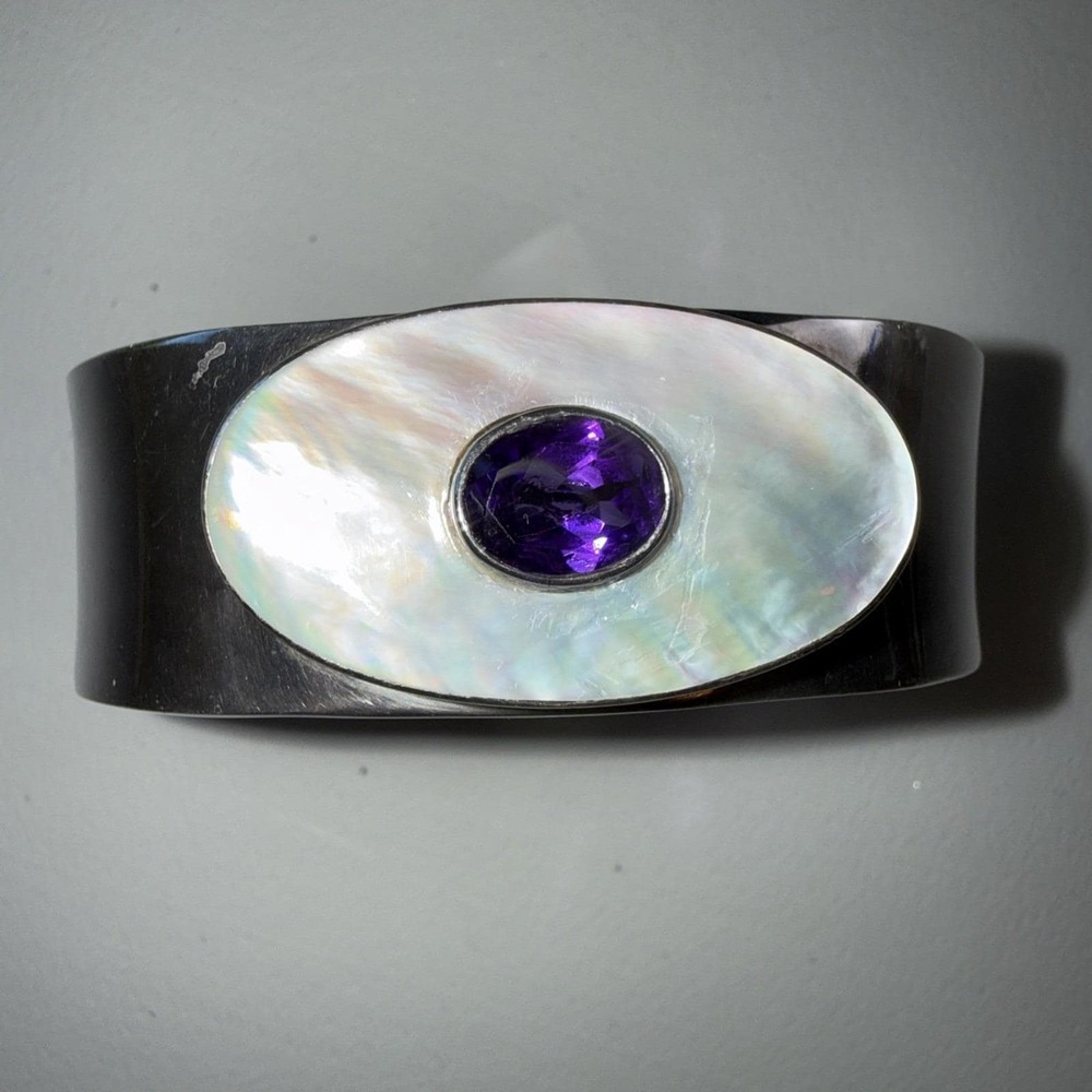 VTG Southwestern Vintage Sterling Silver Shell Amethyst Cuff Bracelet 32g - Picture 3 of 12